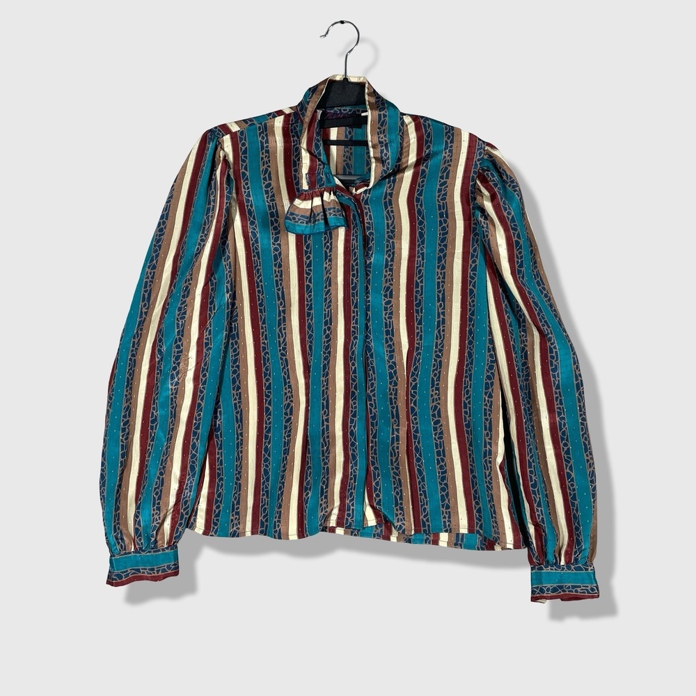 Bethany Striped Blouse Women 3/4 Teal‎ Burgundy Vintage Secretary Bow